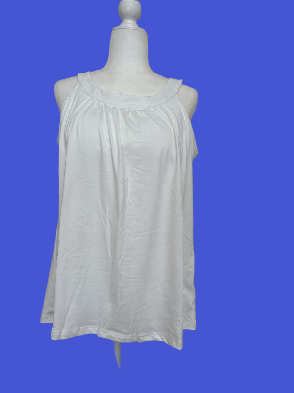 Women’s White Sleeveless Pleated Neck Top with Built In Bra